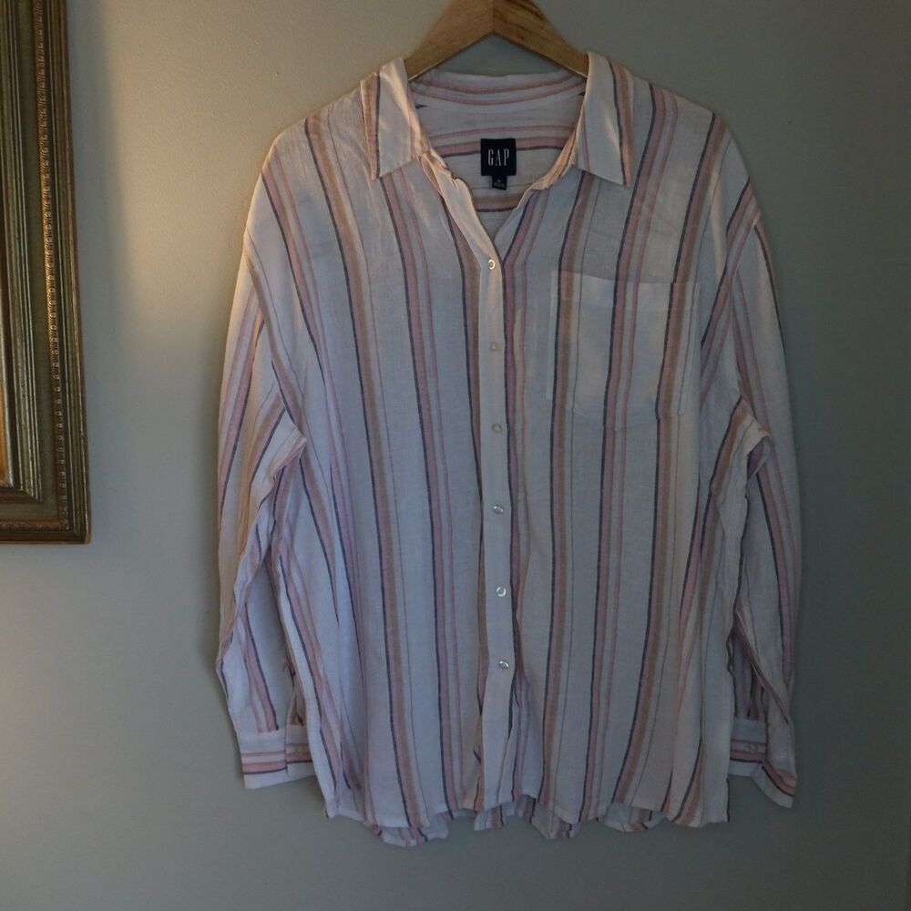 Gap Linen Striped Button Shirt Womens XL Long Sleeve Blouse NWT Multicolor y2k